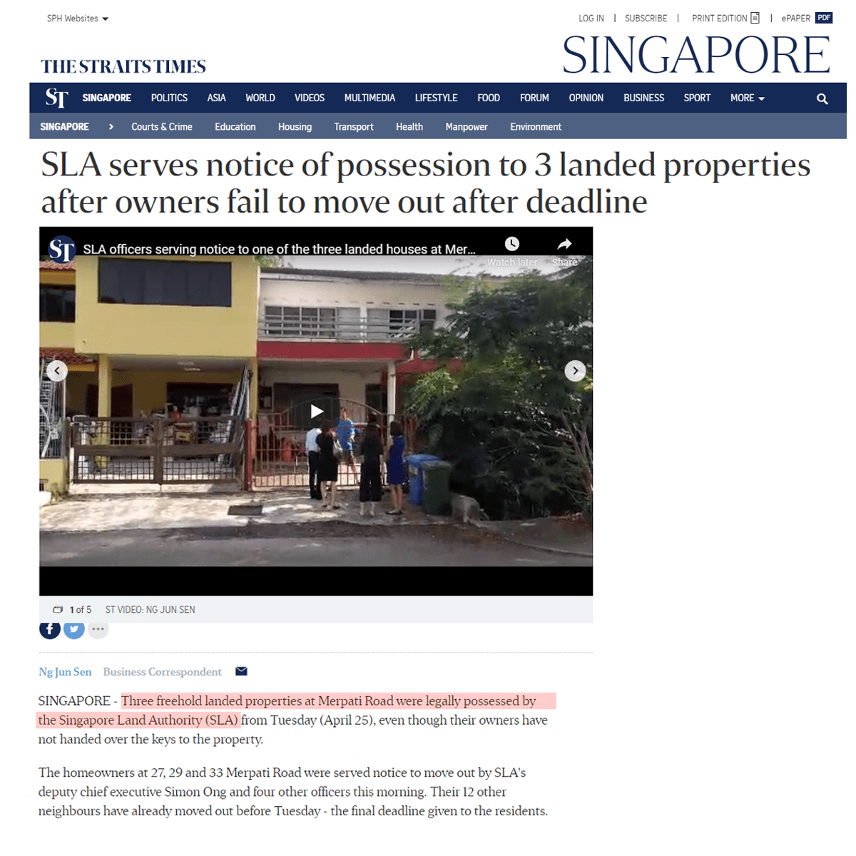 SLA serves notice of possession to 3 landed properties after owners fail to move out after deadline Extract