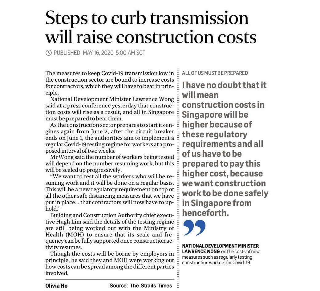 Steps to curb COVID-19 transmission will raise construction costs in Singapore