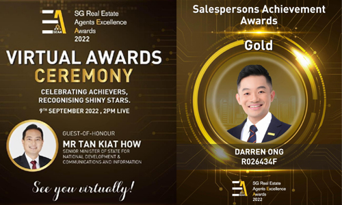 Darren Ong Singapore Property Agent 93839588 Resale Estate SalesPerson Gold Award by SEAA