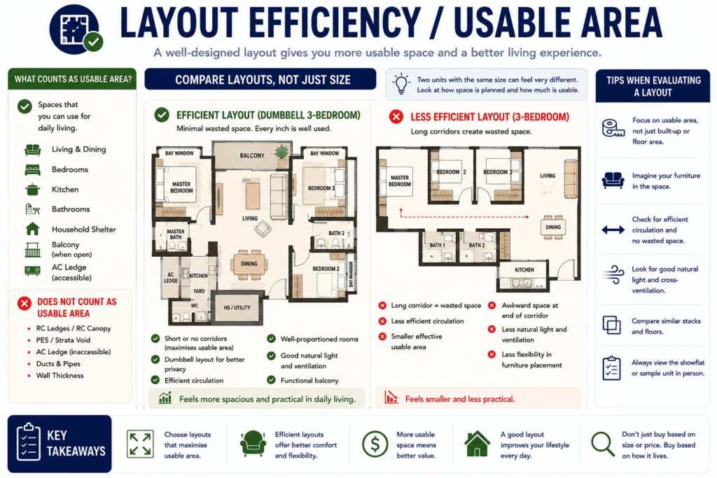Comparison of efficient and less efficient 3-bedroom condo floor plans showing usable area and wasted corridor space
