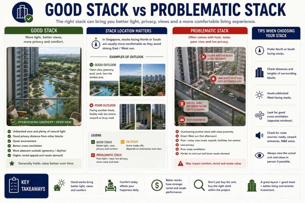 Comparison of a good condo stack with open views and privacy versus a problematic stack facing roads, nearby blocks and service areas