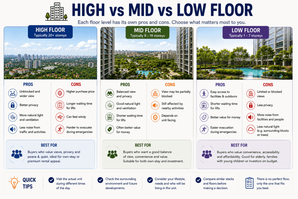 Comparison of high floor, mid floor and low floor condominium units with their pros and cons