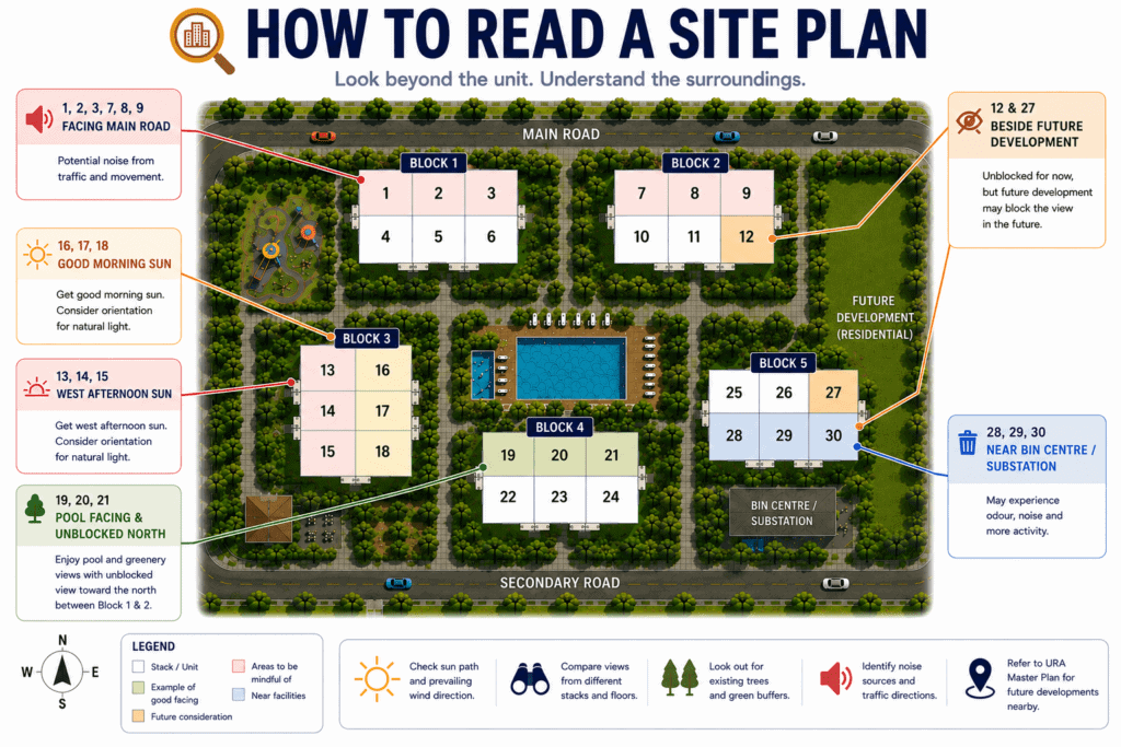 Illustration showing how to read a new launch condominium site plan and assess stack facing, sun, views, roads and nearby facilities