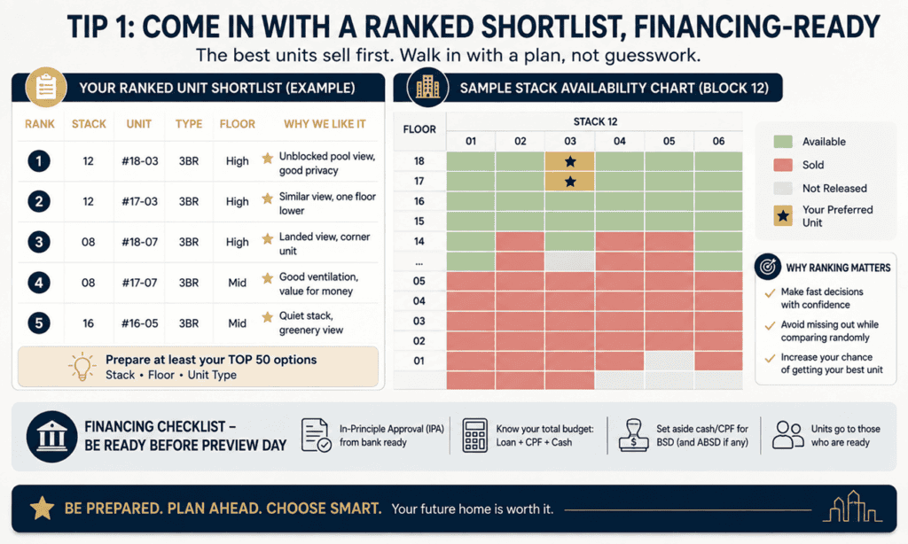 Example ranked unit shortlist and stack availability chart for choosing a new launch condominium unit in Singapore