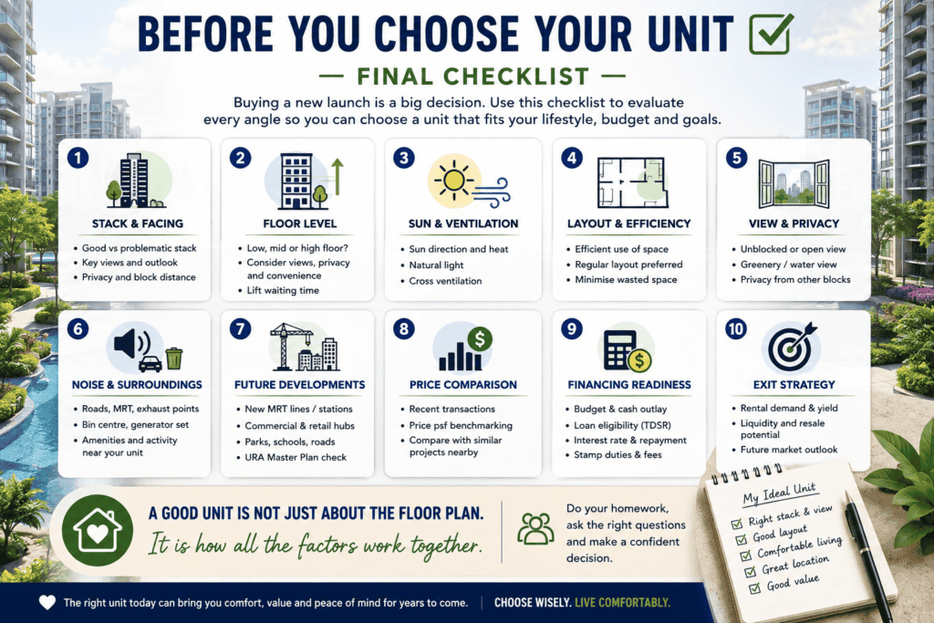 Final checklist for choosing a new launch condo unit covering stack, floor, sun, layout, view, noise, future developments, price and financing