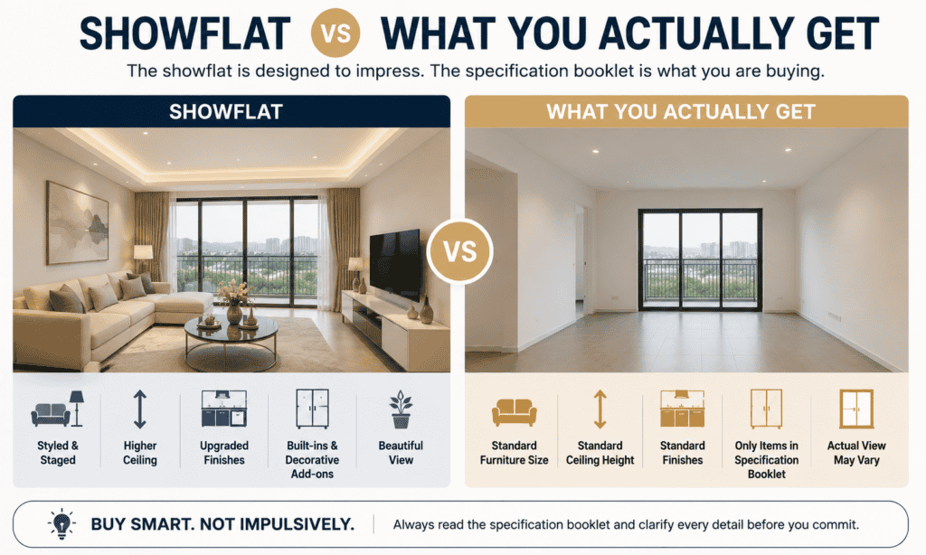 Showflat compared with the actual new launch condominium unit delivered to buyers in Singapore