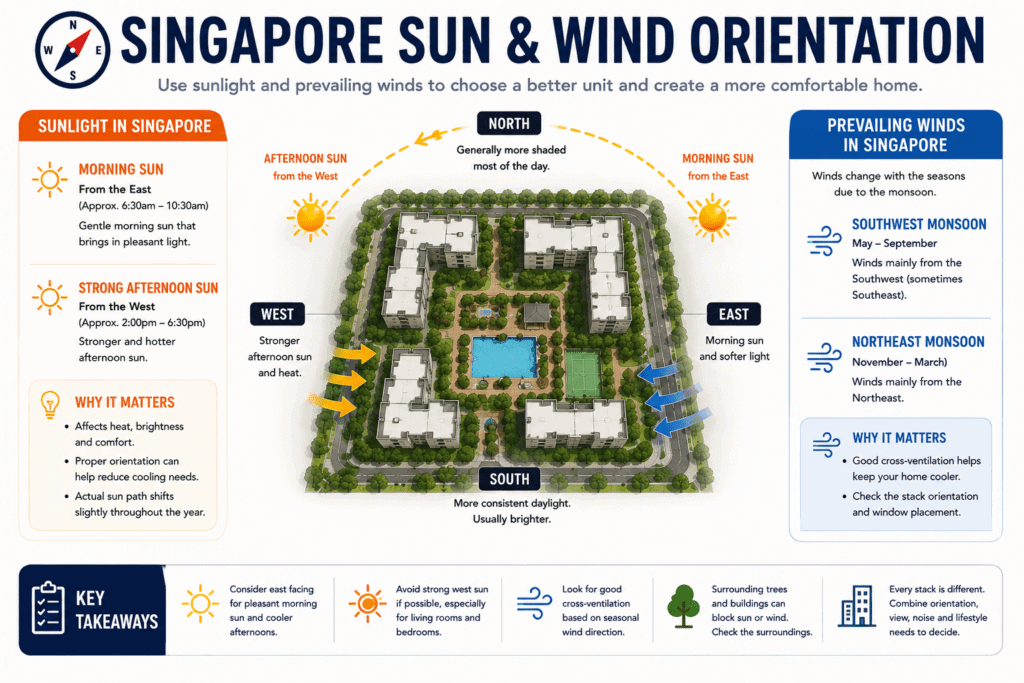 Singapore condo orientation guide showing morning sun from the east, afternoon sun from the west and seasonal prevailing winds