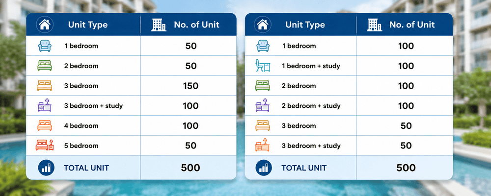 Comparison of two condominium unit mixes in Singapore showing different proportions of 1-bedroom to 5-bedroom units