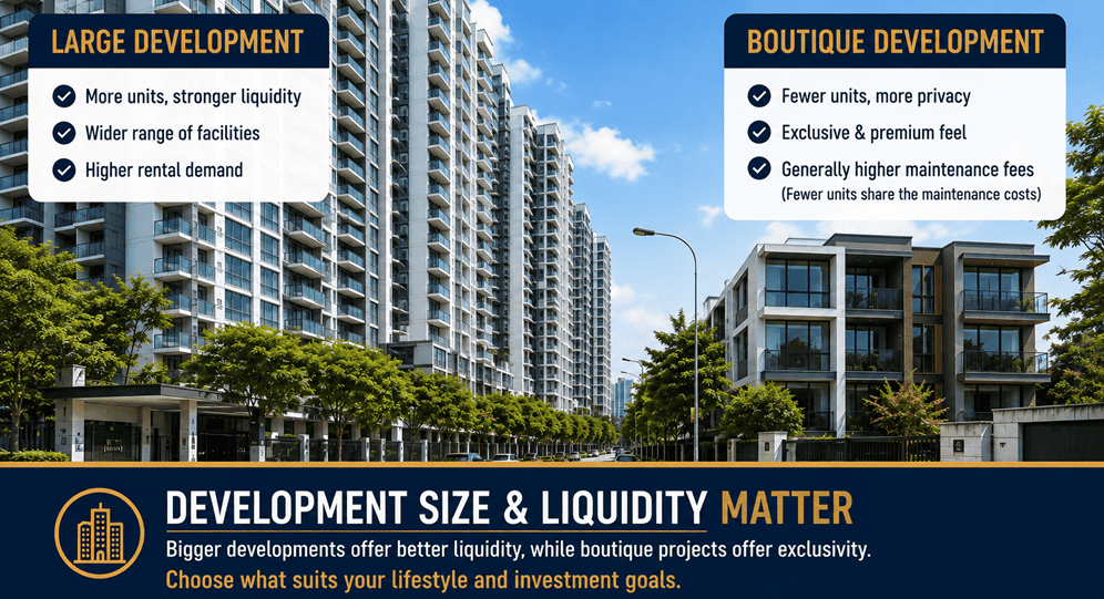 Comparison of a large condominium development and a boutique condo in Singapore, highlighting liquidity, facilities, privacy and maintenance costs