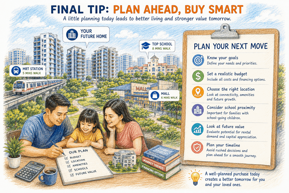 Illustration of a family planning a resale condo purchase in Singapore with considerations such as budget, location, schools, amenities, future value and timeline