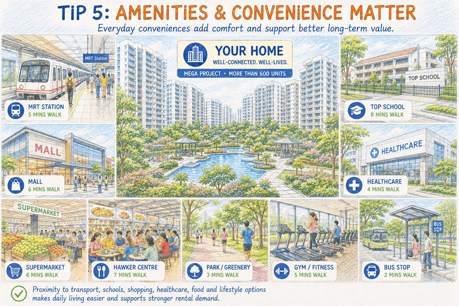Illustration of a Singapore condominium surrounded by MRT, school, mall, healthcare, supermarket, hawker centre, park, gym and bus stop amenities