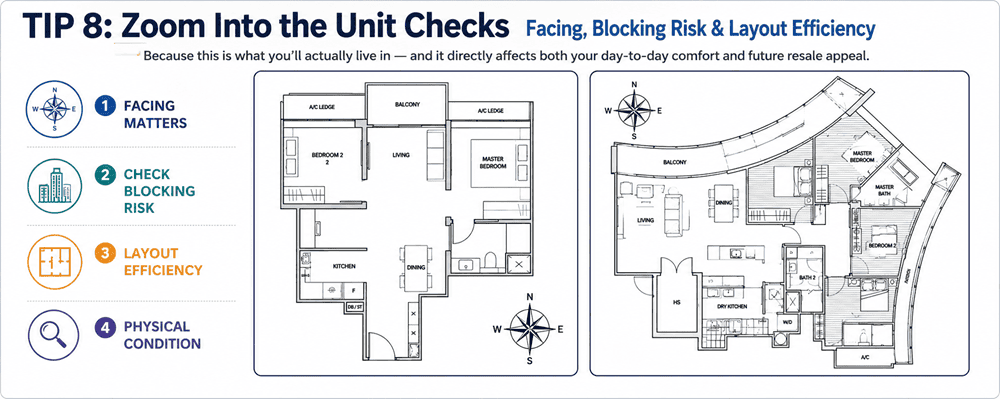 Comparison of two condominium floorplans highlighting facing, blocking risk, layout efficiency and physical condition checks for resale condo buyers