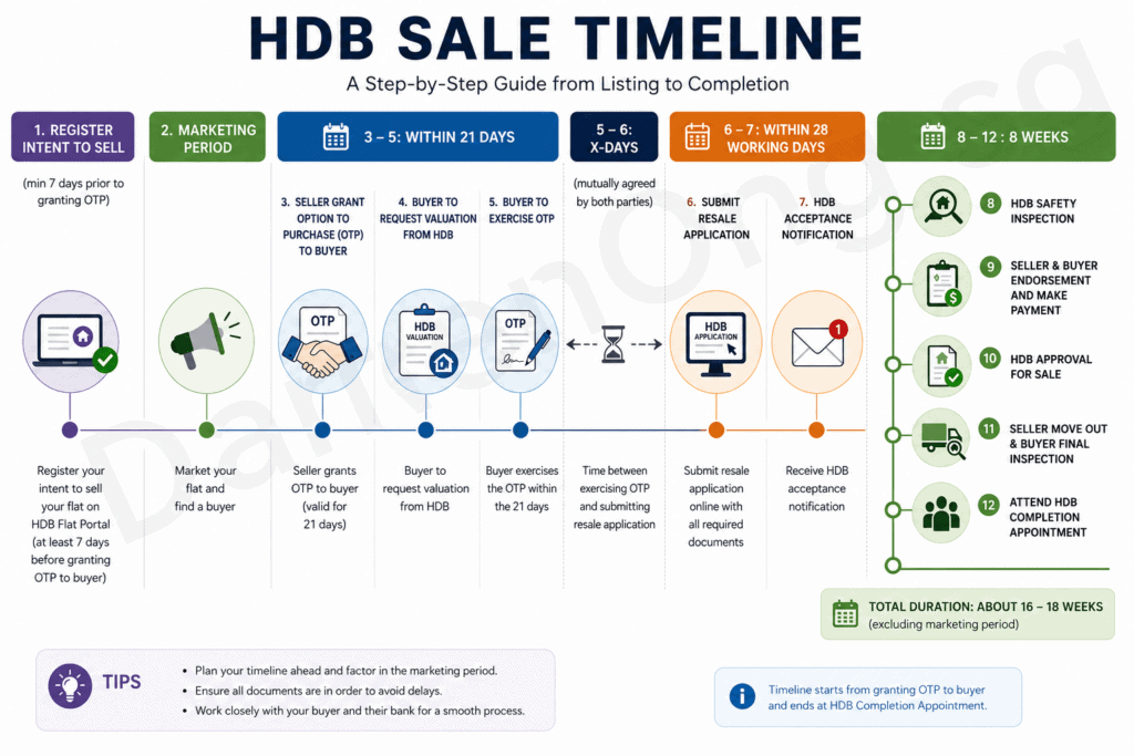 HDB resale sale timeline in Singapore showing the steps from registering intent to sell, granting OTP, valuation, resale application and HDB completion.
