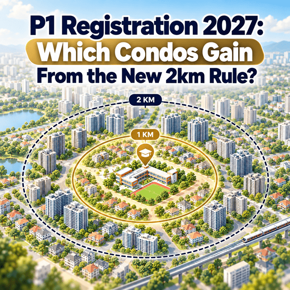 P1 Registration 2027 map showing 1km and 2km school distance rings in Singapore