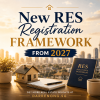 Warm-toned feature image for Singapore’s new RES registration framework from 2027, featuring a model home, RES booklet and city skyline.